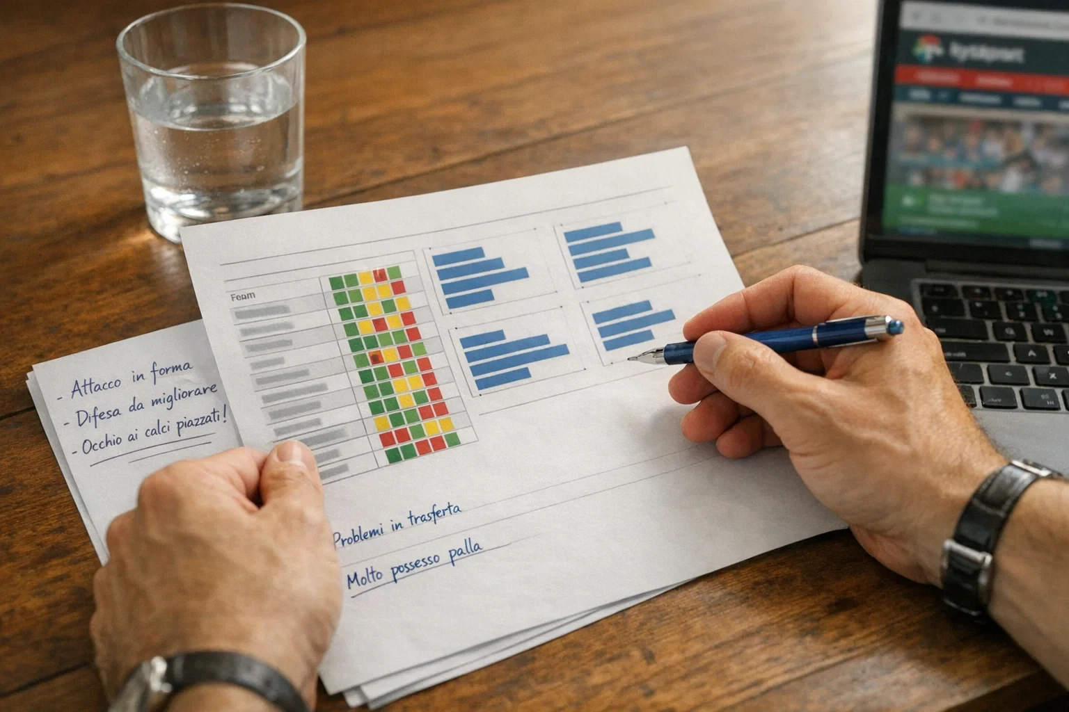 Persona che analizza statistiche calcistiche su un foglio con penna in mano
