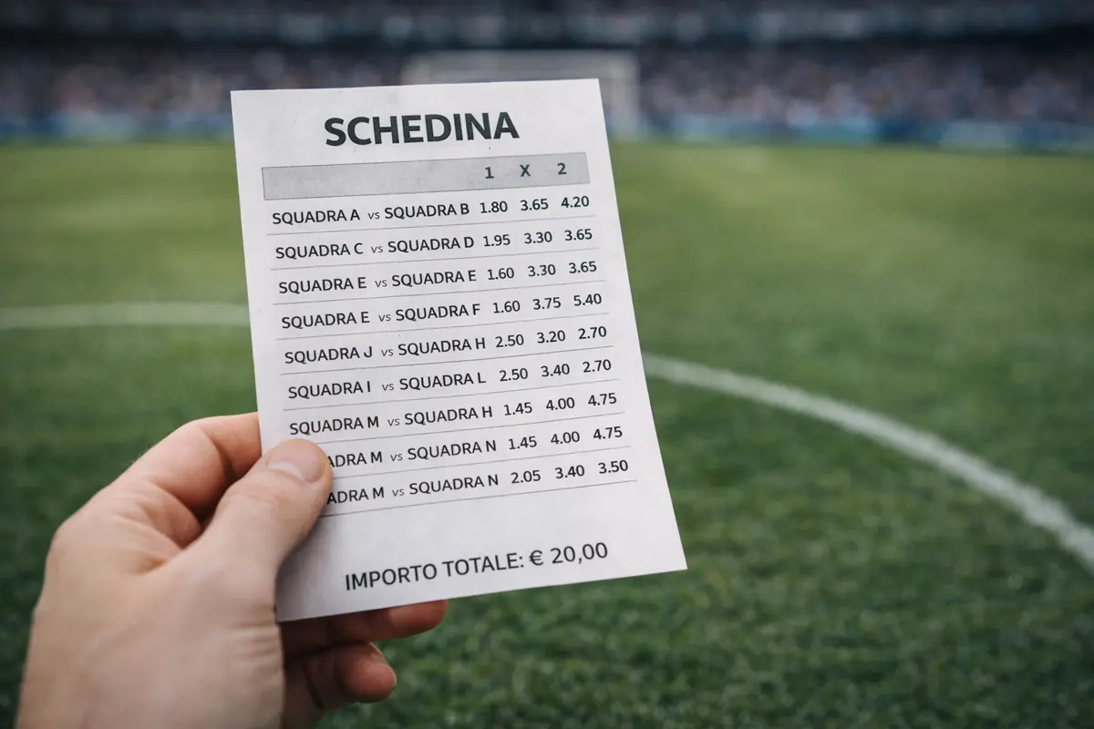 Mano che tiene una schedina sportiva davanti a un campo da calcio