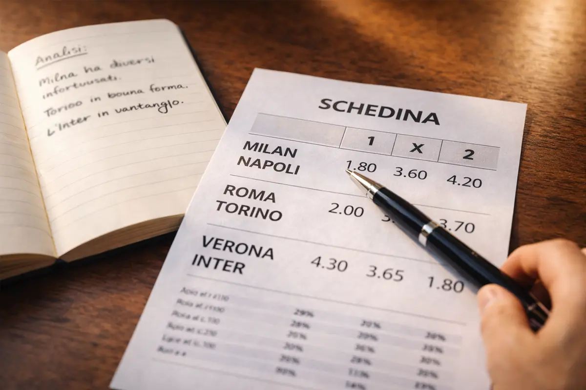 Schedina di scommesse multiple su un tavolo con una penna e appunti di analisi sportiva