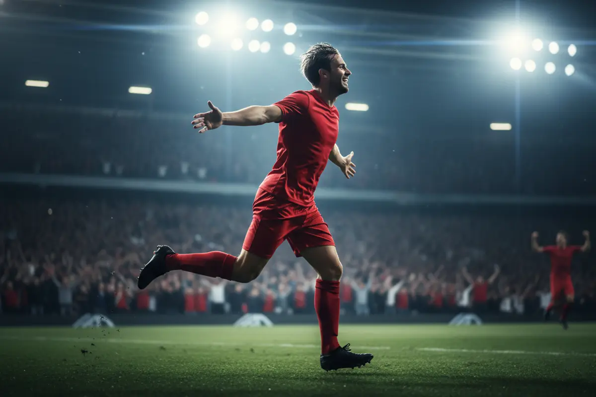 Calciatore che esulta dopo aver segnato un gol in uno stadio