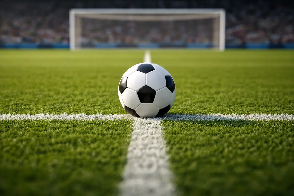 Pallone da calcio sulla linea di porta su un campo in erba verde