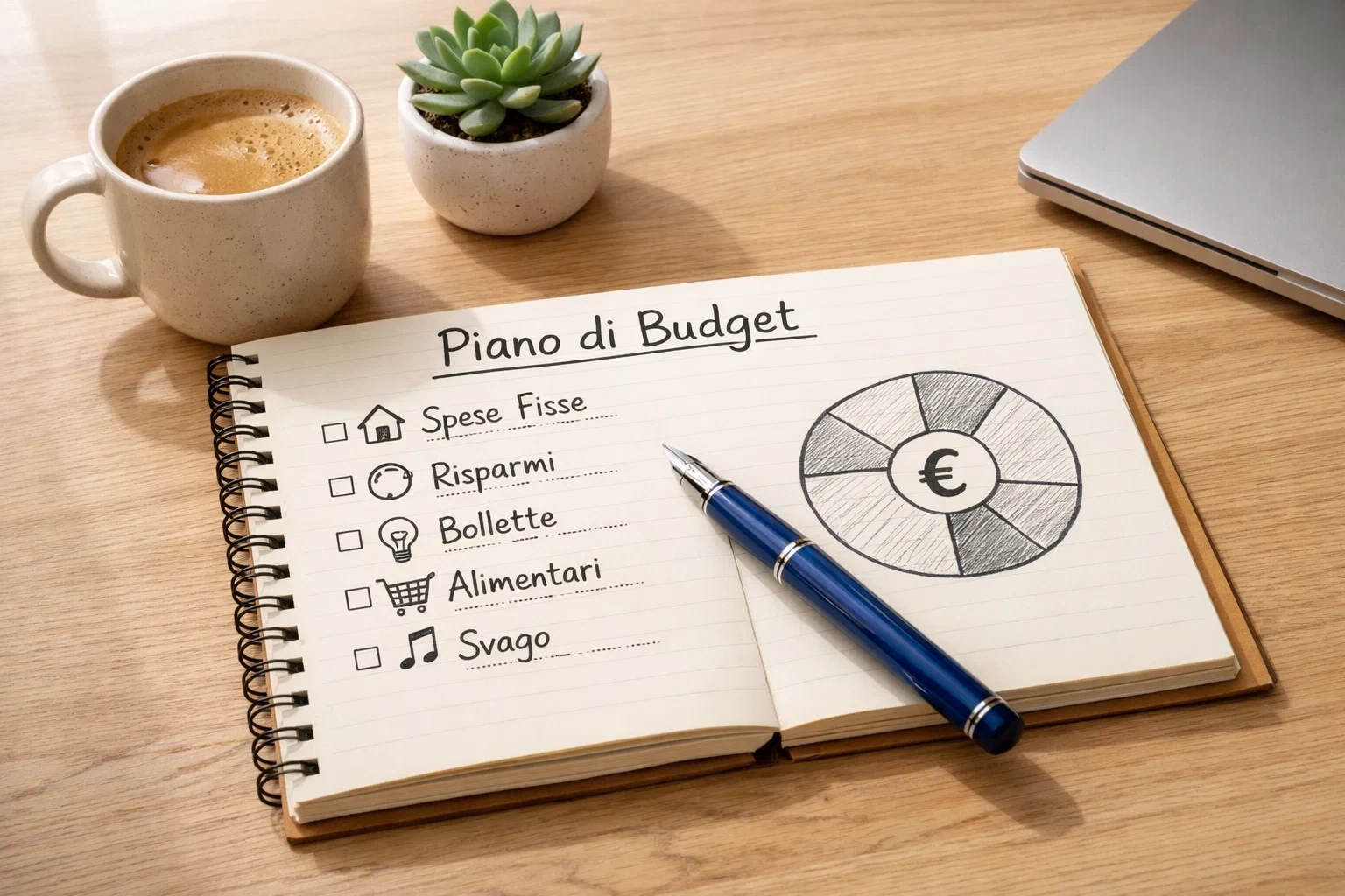 Blocco note con budget scritto a mano e simbolo euro accanto a una tazza di caffè