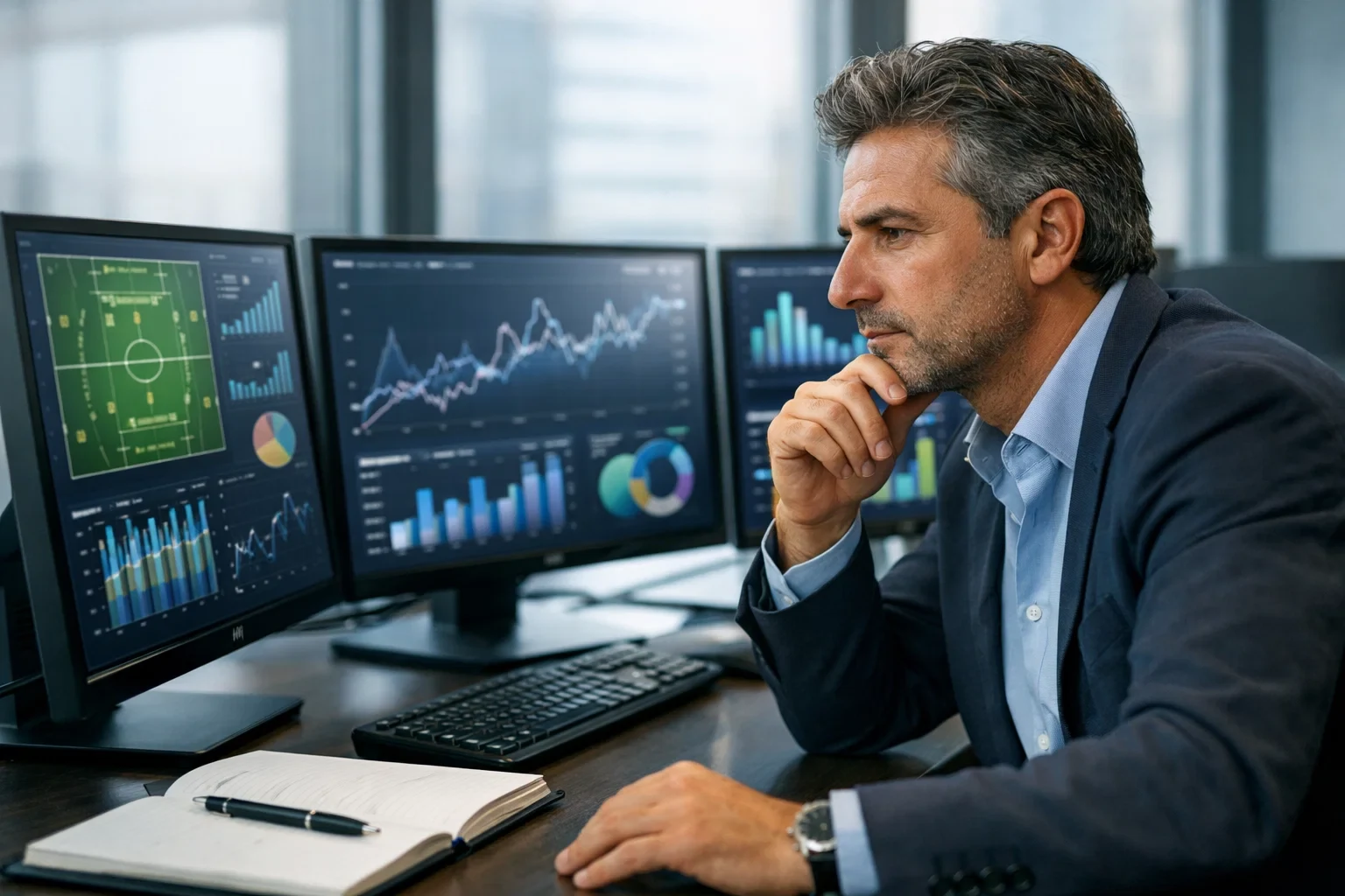 Analista studia dati e statistiche delle partite di calcio su monitor