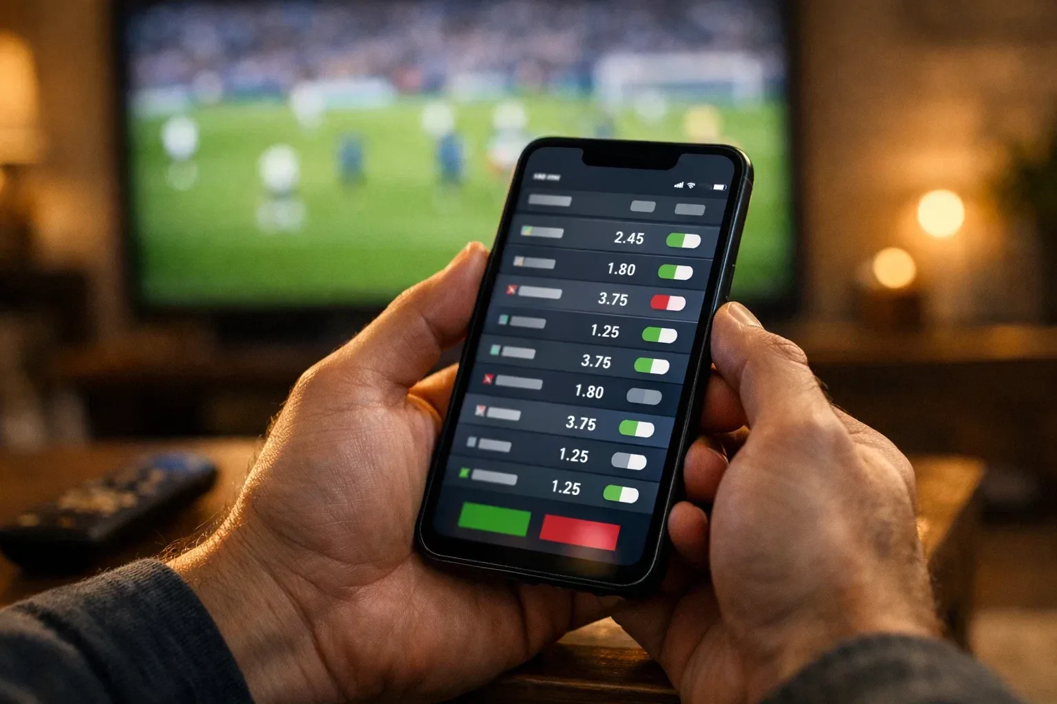 Scommettitore analizza quote su smartphone durante partita di calcio