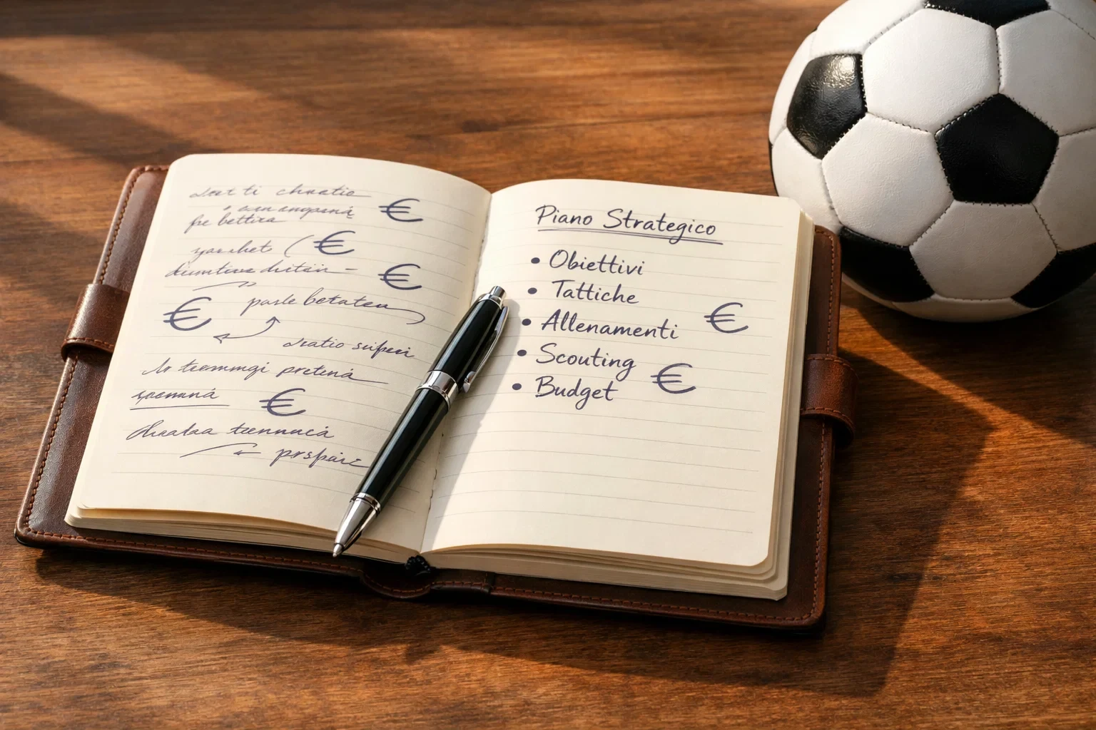 Blocco note con strategia di scommesse e simboli € accanto a pallone da calcio