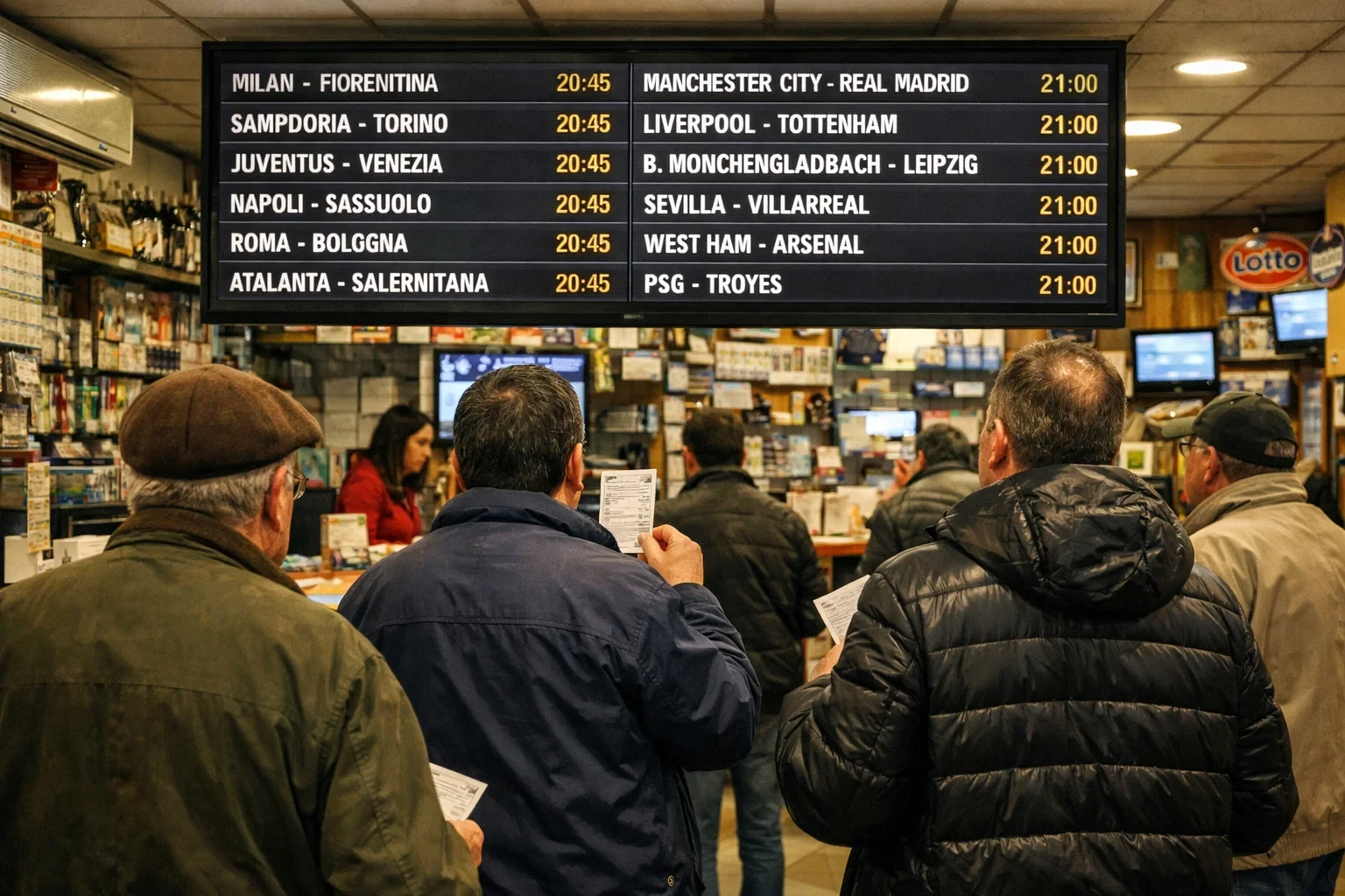 Tabellone con partite di calcio Serie A e campionati europei in un punto scommesse