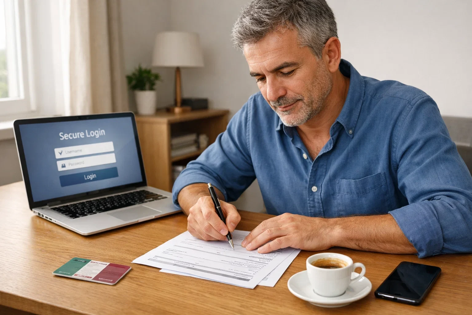 Persona che compila documenti di registrazione su un tavolo con laptop aperto