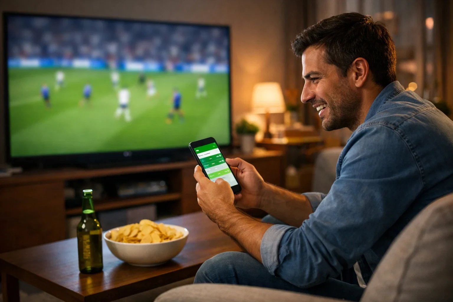 Tifoso che guarda partita di calcio in TV mentre tiene smartphone in mano